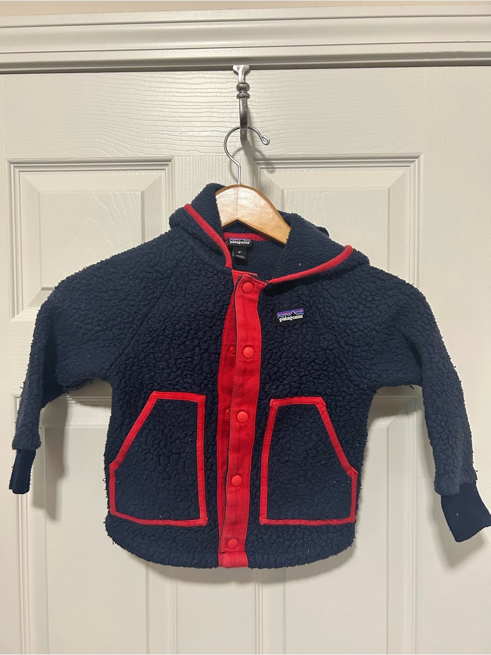 Patagonia Baby Retro Pile Fleece Jacket Hooded Snap Button Navy Red 4T